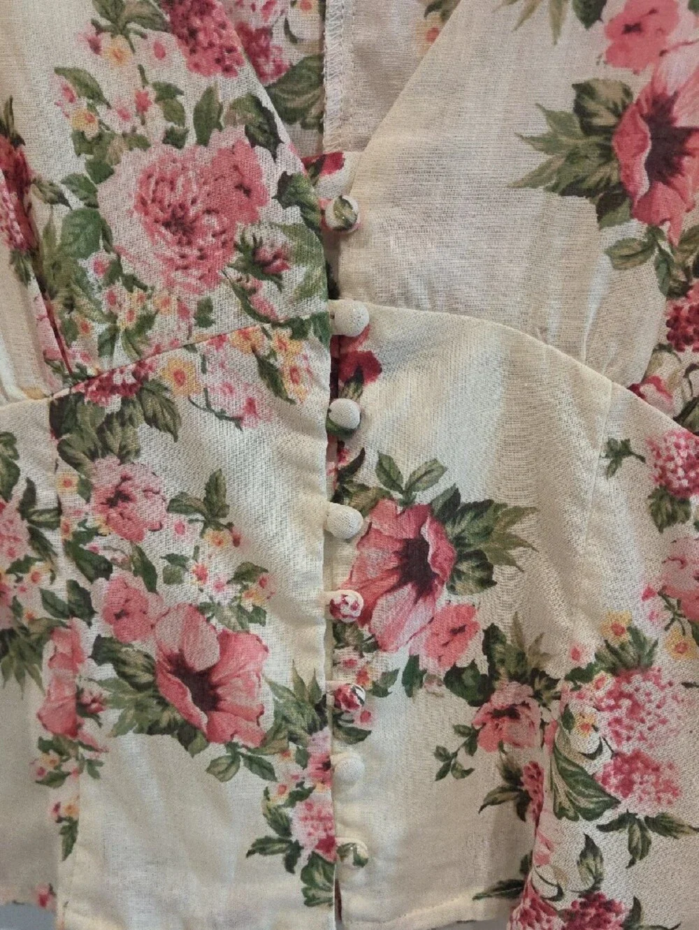 VICI Cream Floral Button-Up Puff Sleeve Blouse - Pink & Green - Picture 6 of 7